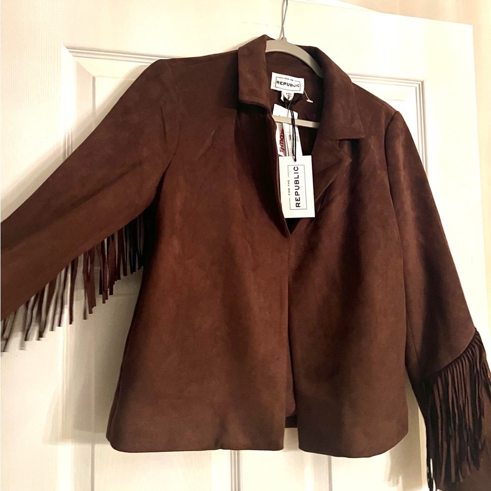 NEW For The Republic Dark Brown Fringe Faux Suede Jacket. Sz XS. - Picture 7 of 10